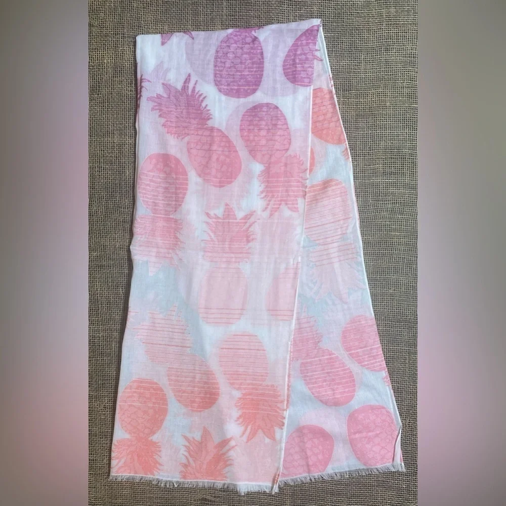Scarf White With Pink Peach & Purple Pineapples Fringe